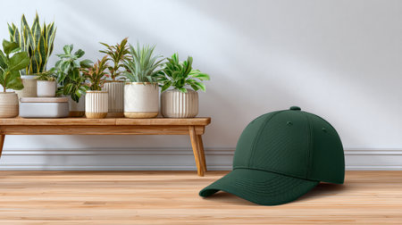 Dark green baseball cap on wooden floor with potted plants on bench in bright room, cozy and natural atmosphereの素材