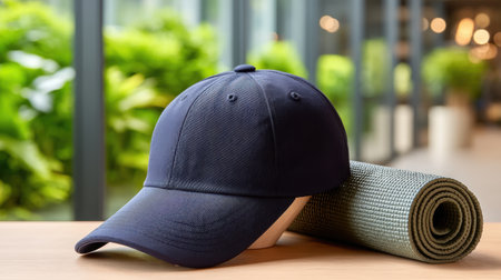 Baseball cap and rolled yoga mat on wooden table with blurred green plants and indoor background, peaceful and calm atmosphereの素材