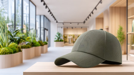 Baseball cap green fabric on wooden table in modern bright store with plants and large windowsの素材