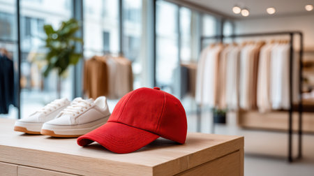 Red baseball cap and white sneaker shoes on wooden table in modern clothing store with blurred apparel rack backgroundの素材