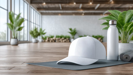 White cap and water bottle on yoga mat in bright room with plants, creating calm and refreshing atmosphere for exerciseの素材