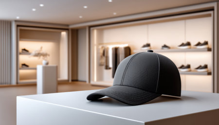 Black baseball cap on white display table in modern retail store with shoes and clothing in background, stylish and minimalistic designの素材