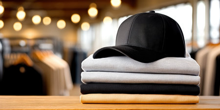 Black cap on stack of folded t shirts in clothing store with warm light bokeh background, casual fashion style and retail displayの素材