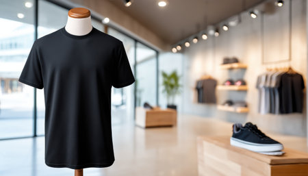 Black t shirt on mannequin in clothing store with shoe and apparel in background, modern retail space with natural lightの素材