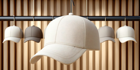 Baseball cap hanging in row with neutral colors and soft lighting, showcasing fabric texture and casual style in modern settingの素材