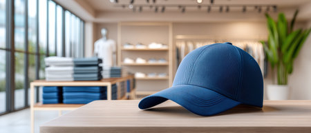 Blue baseball cap on wooden table in modern clothing store with natural light and blurred backgroundの素材