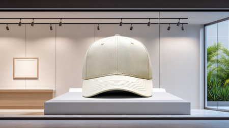 Beige baseball cap displayed on white pedestal in modern gallery with track lighting and green plants outside windowの素材