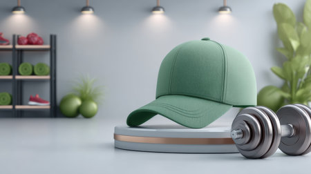 Green baseball cap and metal dumbbell on gym floor with fitness equipment and plants in backgroundの素材