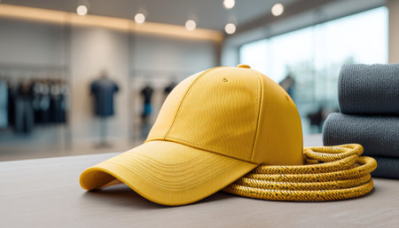 Yellow baseball cap with coiled rope and folded towels on wooden table in blurred clothing store interiorの素材