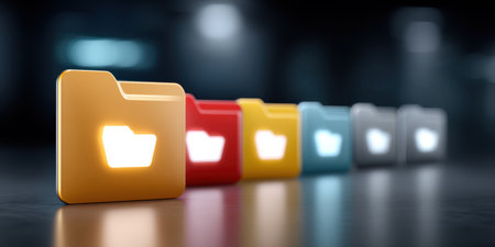 Colorful digital folder icons in row with glowing folder symbols, representing organized data storage and digital file managementの素材