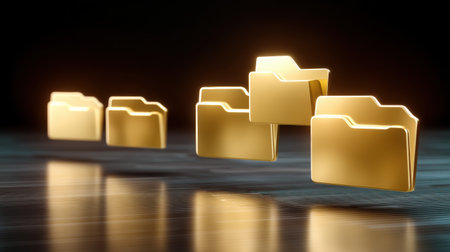 Golden folder icon floating above reflective surface with dark background, symbolizing digital data storage and organizationの素材