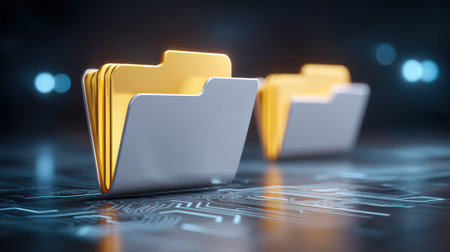 Digital folder icon with gold and silver colors on futuristic circuit board background, symbolizing data storage and technology innovationの素材