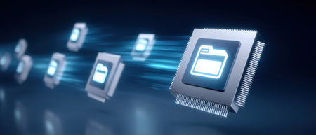 Digital file transfer concept with glowing folder icons on microchips moving in futuristic blue environmentの素材
