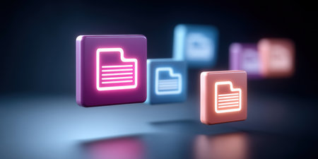 File folder icon glowing in neon light, digital data storage concept with colorful floating squares, futuristic technology backgroundの素材
