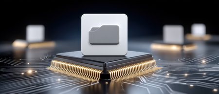 Digital folder icon on microchip with glowing circuit board, symbolizing data storage and technology innovationの素材