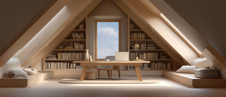 Cozy attic workspace with wooden desk, built in bookshelves, natural light from skylights, and cushioned seating creating warm, inviting atmosphereの素材