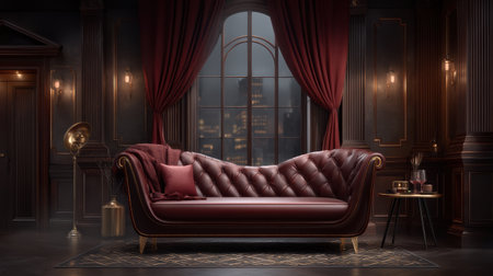 Classic leather sofa with red cushions and blanket in elegant dark living room with large window and city view at nightの素材