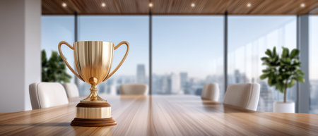 Golden trophy cup on wooden table in modern office with city view, symbolizing achievement and success in bright settingの素材