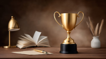 Golden trophy cup on wooden table with open book, pen, lamp, and vase, symbolizing achievement and success in warm settingの素材