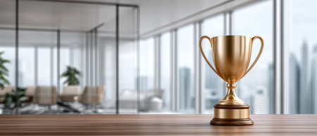 Golden trophy cup on wooden table in modern office with city view, symbolizing achievement and success in bright atmosphereの素材