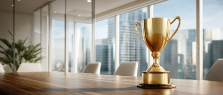 Golden trophy cup on wooden table in modern office with city view, symbolizing success and achievement in bright professional environmentの素材