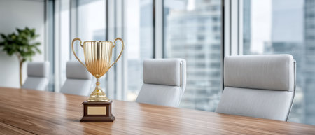 Golden trophy cup on wooden table in modern office with city view, symbolizing success and achievement in professional settingの素材
