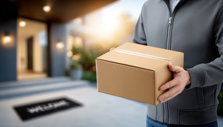 Fast delivery courier holding cardboard box at residential doorstep with warm light and welcome matの素材