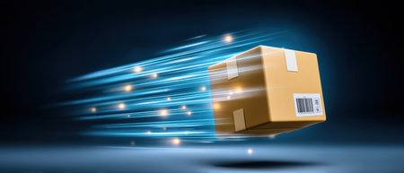 Fast delivery concept parcel in motion with glowing streaks and motion blur conveying speed and reliable shipping serviceの素材