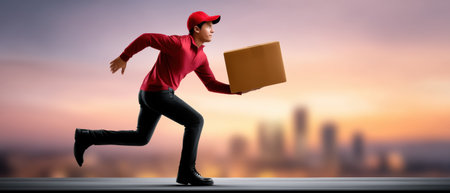 Fast delivery courier running with parcel at sunset city skylineの素材