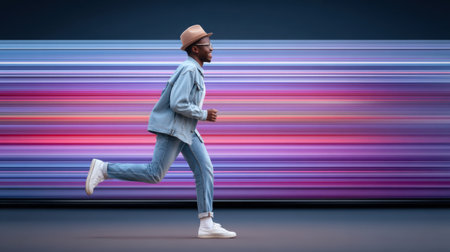 Stylish man running against colorful motion blur background fast delivery excited energyの素材