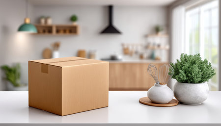 Cardboard box on kitchen counter promising fast delivery for home essentials and casual cooking scene with plant and utensilsの素材
