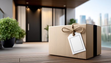 Eco friendly parcel fast delivery with blank tag on doorstep tied jute ribbon in modern home entryway bright moodの素材