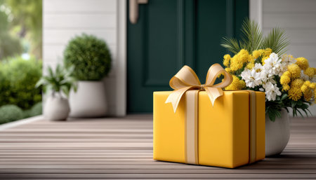 Sunny yellow gift box with ribbon on wooden porch near floral arrangement fast delivery brings joyful surprise for recipient awaiting celebrationの素材
