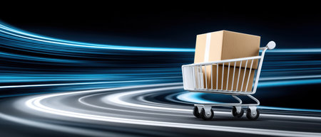 Fast delivery shopping cart with cardboard box on neon speed trail evokes quick e commerce logistics and efficient parcel transportの素材