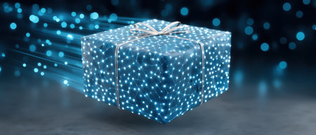 Glowing futuristic gift box wrapped in network lights suggesting fast delivery and digital surprise under cool blue bokeh lightingの素材