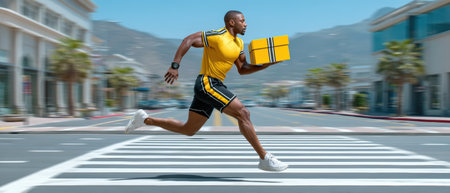 Athletic delivery runner sprinting across crosswalk holding yellow package fast delivery showing motion and urban street energyの素材