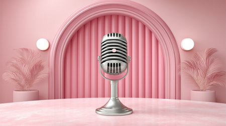 Retro silver microphone on pink stage livestream shopping concept with soft lighting and decorative plants evoking cozy modern sceneの素材