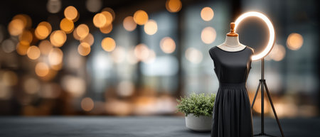 Black dress mannequin livestream shopping studio dress clothing display elegant black dress mannequin with ring light and bokeh backgroundの素材