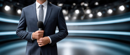 News anchor holding microphone in studio livestream shopping event smiling professional presenter poised for broadcastの素材