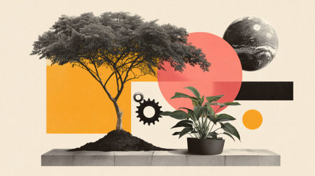Collage environment potted plant tree soil geometric sun moon gear minimalist still life with earthy palette and calm moodの素材