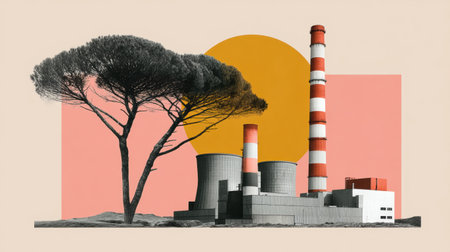 Collage environment industrial power plant with tree silhouette and warm geometric backdrop creating striking contrast and contemplative moodの素材