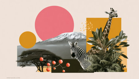 Collage environment zebra giraffe acacia mountain sun botanical leaves safari plants nature scene with warm shapes and calm moodの素材