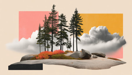 Collage forest environment with pine trees on rocky island with clouds and colorful abstract shapes evoking calm and balanceの素材