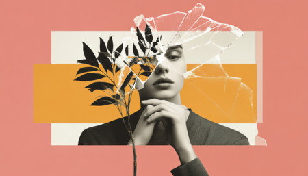 Collage environment portrait woman plant broken glass minimalist geometric muted color emotional contemplativeの素材