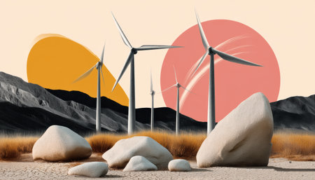 Wind turbine collage environment desert landscape with boulder foreground warm sunset sky and distant mountains creating serene sustainable energyの素材