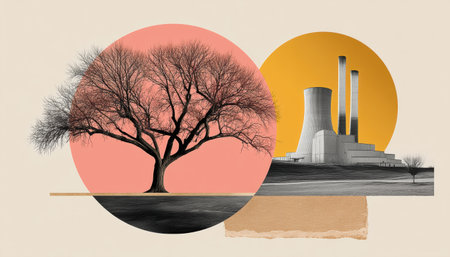 Collage environment tree silhouette industrial plant smokestack abstract composition modern minimal landscape warm tones nostalgic moodの素材