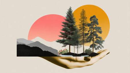 Hand holding miniature collage environment with trees mountain sun horizon peaceful surreal sceneの素材