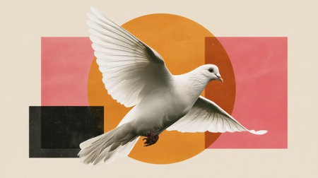White dove collage environment flying over abstract geometric background with warm sun and soft texture evoking calmの素材