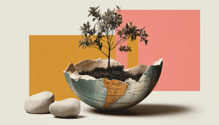 Collage environment globe shell with small tree growing from soil in cracked map bowl evoking hope and sustainable natureの素材