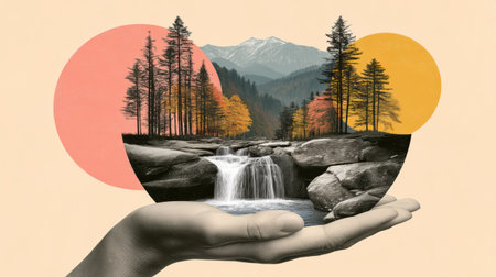 Collage environment hand waterfall forest mountain river autumn pine tree rock landscape nature scene sereneの素材